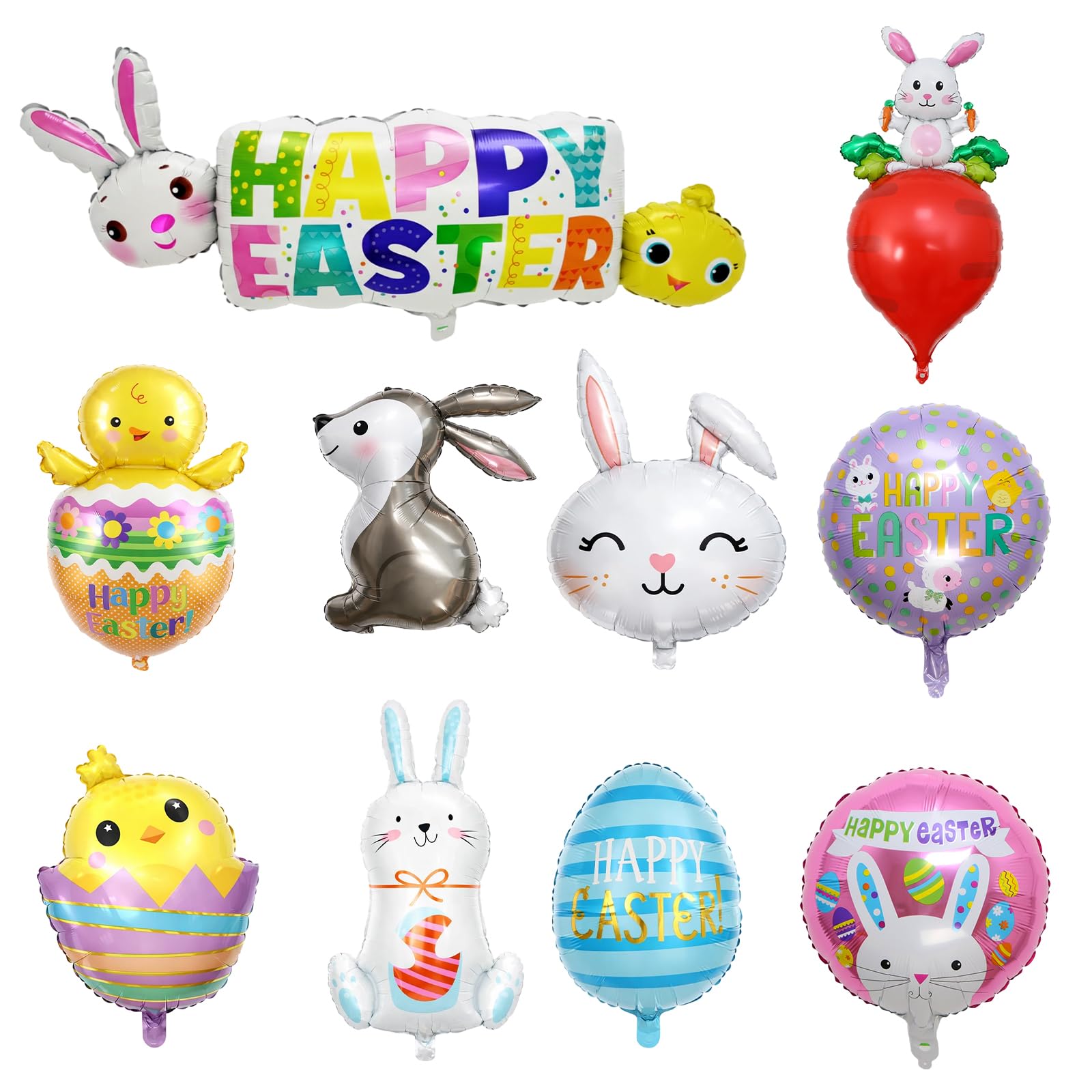 10pcs Easter Balloons, Easter Party Decoration, Large Foil Balloons Set with Bunny Chick Egg Designs for Spring Celebrations