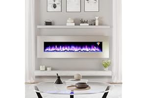 LUXOAK 60" Wall Mount Electric Fireplace, Stainless Steel Wall Hanging Fireplace with Remote, 6 Color 5 Brightness Log & Crystal Flame, Top Vent, Electric Heater for Living Room or Bedroom, Allsteel