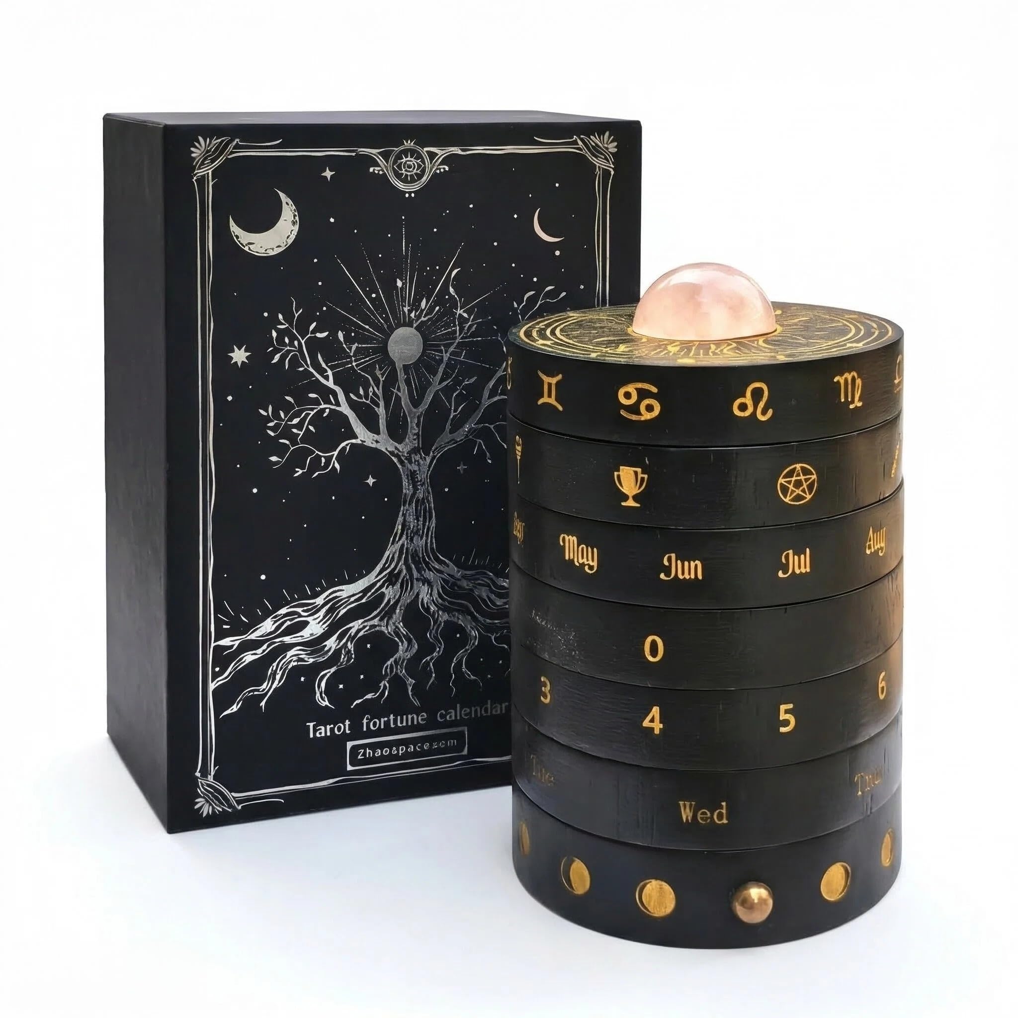 Zhaospacetime Kinetic Tarot Wheel – 7-Layer Wooden Divination Tool with Mechanical Ratchet & Crystal Top, Witchy Altar Decor, Perpetual Calendar & Fidget Sculpture for Modern Mystics, Black & Gold