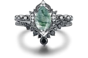IRROYA Black Gold Plated Natural Moss Agate Bridal Wedding Ring Sets for Women, 925 Sterling Silver Gothic Vintage Promise Rings and Eternity Black Spinel Band for Her - Boho Art Deco Platinum Plated Engagement Rings Size 4-9