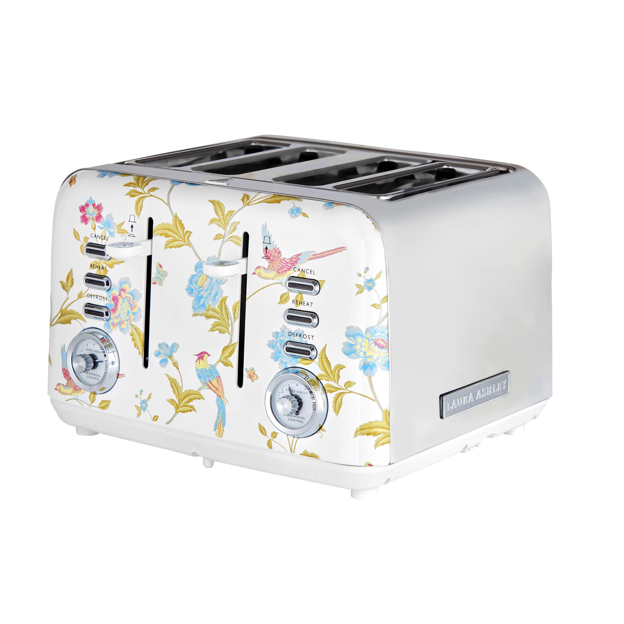 VQ Laura Ashley Elveden White Stainless Steel 4 Slice Toaster | Multi-Functional Bagels & Bread Toaster 4 Slice with Adjustable Heating & Defrost Mode | Featuring 4 Wide Slots, Croissant Warming Rack