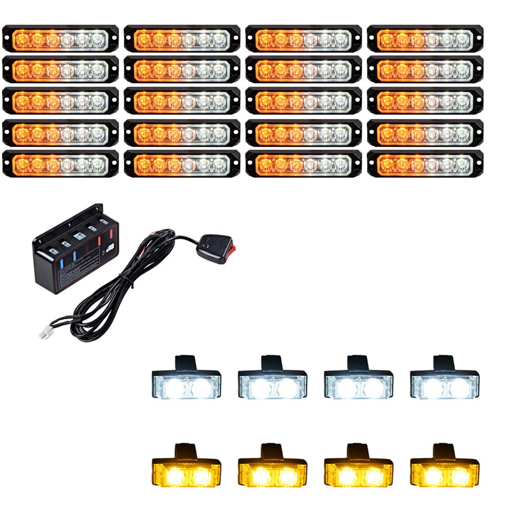 20PCS Ultra Slim 6-LED 30W Emergency Hazard Caution Surface Mount Strobe Light SYNC Pattern & 8pcs Car Truck Grille Deck Dash Flashing Light - Amber White