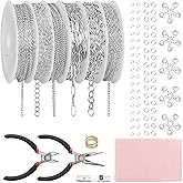 Fesorsi Silver Necklace Chain for Jewelry Making, 46ft 6 Style Rolled Steel DIY Jewelry Chain Roll Bracelet Bulk Link Plated Permanent for Earring Anklet Craft with Jump Ring, Lobster Clasp, Pliers