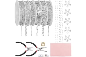 Fesorsi Silver Necklace Chain for Jewelry Making, 46ft 6 Style Rolled Steel DIY Jewelry Chain Roll Bracelet Bulk Link Plated Permanent for Earring Anklet Craft with Jump Ring, Lobster Clasp, Pliers