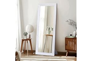 ABSWHLM Full Length Mirror 65"x22" with Stand Solid Wood Frame Floor Large Mirror for Living Room, Bedroom Hanging Standing or Leaning Wall-Mounted, White