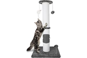 Ahomdoo 34 Inches Cat Scratching Post Heavy Duty and Thicker Cat Self Grooming with Hanging Toys and Sturdy Handmade Rope, Grey