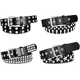 4 Pcs Black Studded Belt Faux Leather Gothic Goth Black Gothic Punk Rock Belts with Grommet Threads Bright Metal Pyramid for Women Men - Ideal Gift(49 Inch)