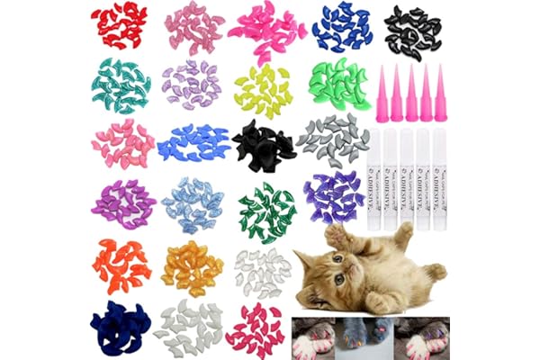 VICTHY 100 PCS Soft Pet Cat Nail Caps Cats Paws Grooming Nail Claws Caps Covers 5 Kinds 5Pcs Adhesive Glue, M (Pack of 100)