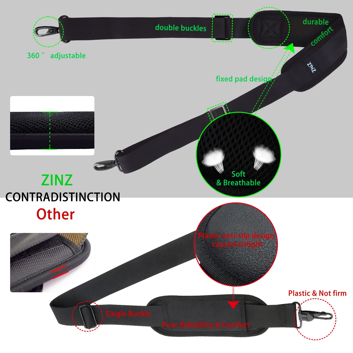 ZINZ 79 inch Shoulder Strap, Extra-thick Fixed Cushion Pad and Dual Clasps Universal Replacement Strap with Metal Swivel Hooks for Laptop Bags, Luggage Bags, Camera, Crossbody (200cm,Black)