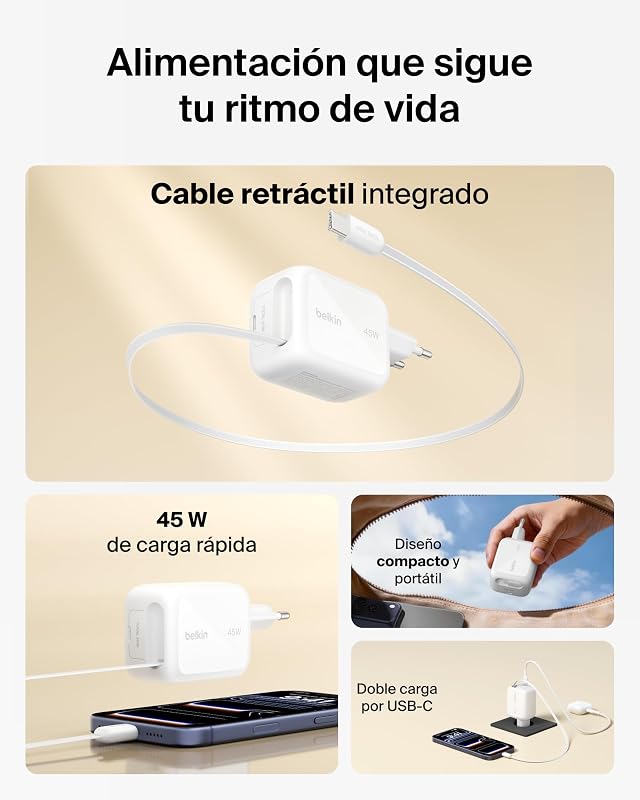 Carregador UltraCharge USB C de 45W com cabo USB C retrátil de 0,8m e porta USB tipo C, carregador tipo C de parede, carregamento rápido para iPhone 17 e 16 Series, Galaxy S26 Series, AirPods e MacBook