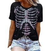JINTING Skeleton Shirts Women Halloween Horror Shirts | Womens Skeleton Shirts Halloween Vintage Skeleton Graphic T Shirts Tops Casual Horror Shirts