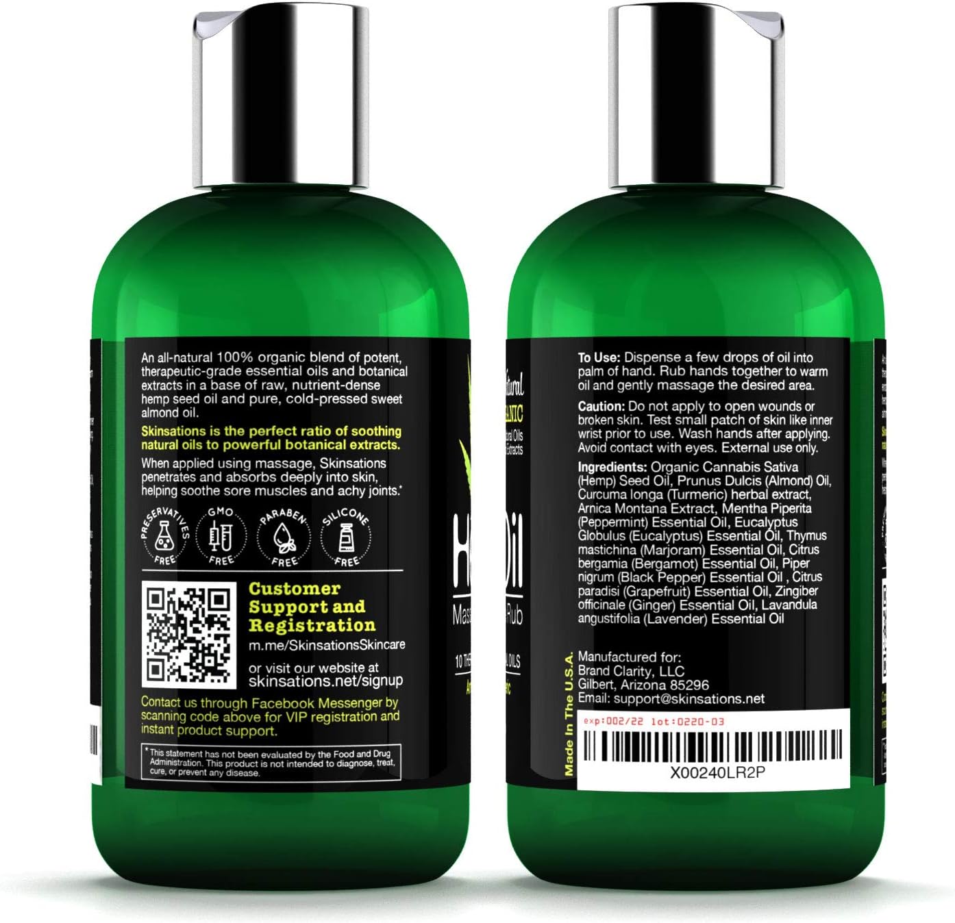 Skinsations – Hemp Oil Muscle Rub & Massage Oil | 100% Organic, Sore Muscle Pain Relief with Arnica Montana, Turmeric, Black Pepper, Peppermint, Lavender in a Sweet Almond Oil and Hemp Seed Oil Base: Health & Personal Care