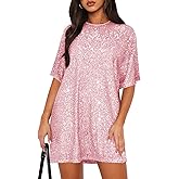 MIYIEONZ Women's Crew Neck Sequin Dress for Women Sexy V Neck Shirt Sparkly Half Sleeve Loose Party Club Cocktail