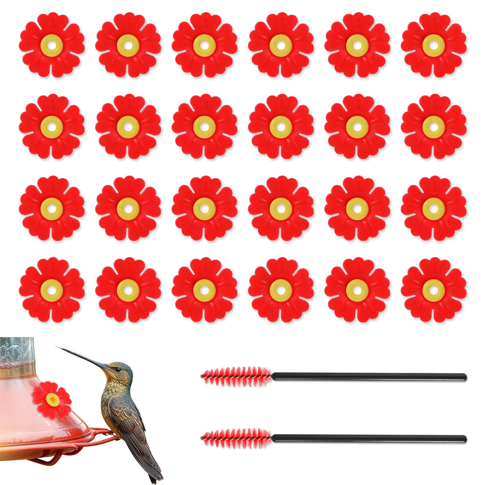 Photo 1 of Tyqour 26pcs Hummingbird Feeder Replacement Flowers Parts Plastic Hummingbird Feeders with 2 Cleaning Brushes, Window Hummingbird Feeder Accessories for Outdoor Hanging Feeders(Red)