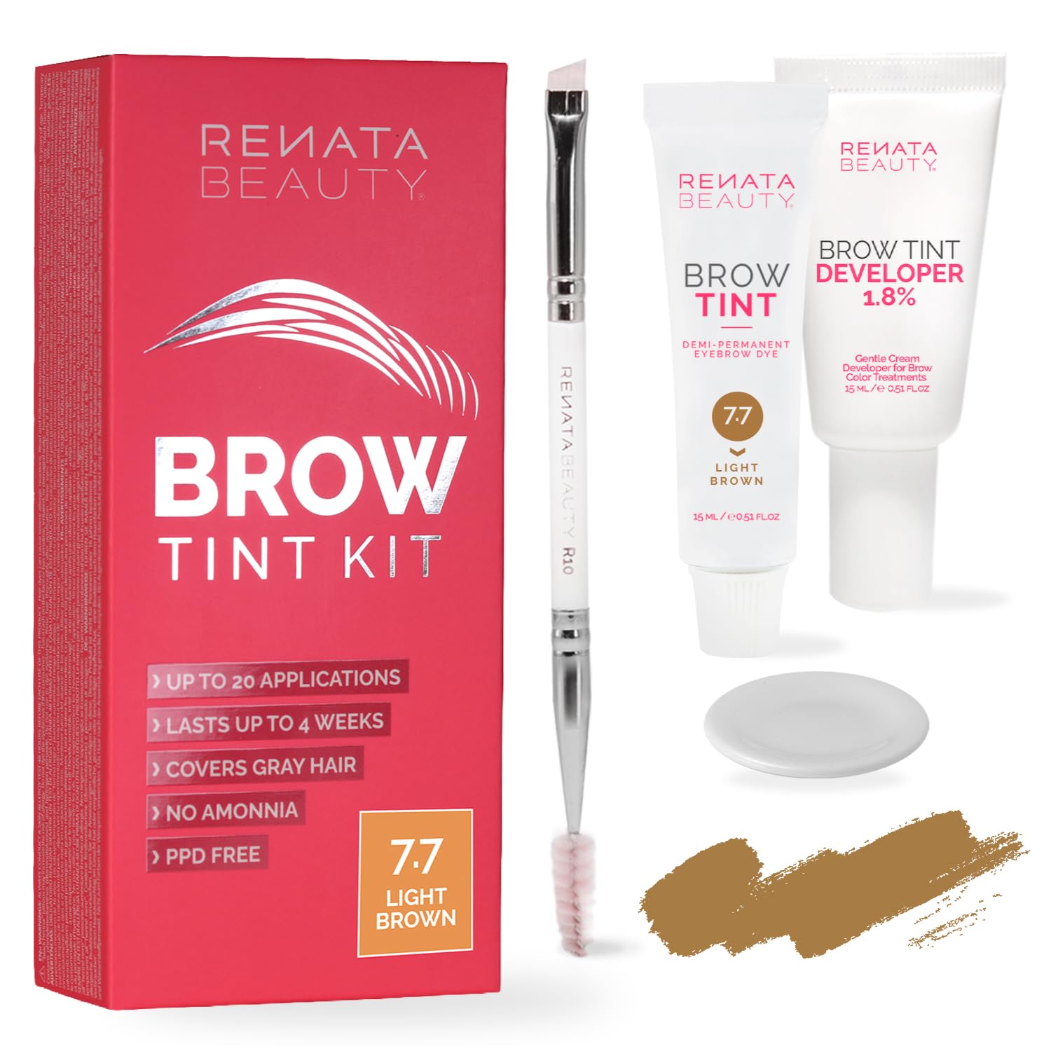 RB RENATA BEAUTY Brow Tint Kit – Eyebrow Tint Set – Dye Kit with Color Tint, Cream Developer and Styling Brush – Long-Lasting Effect Up to 4 Weeks – 30 Applications [Light Brown]