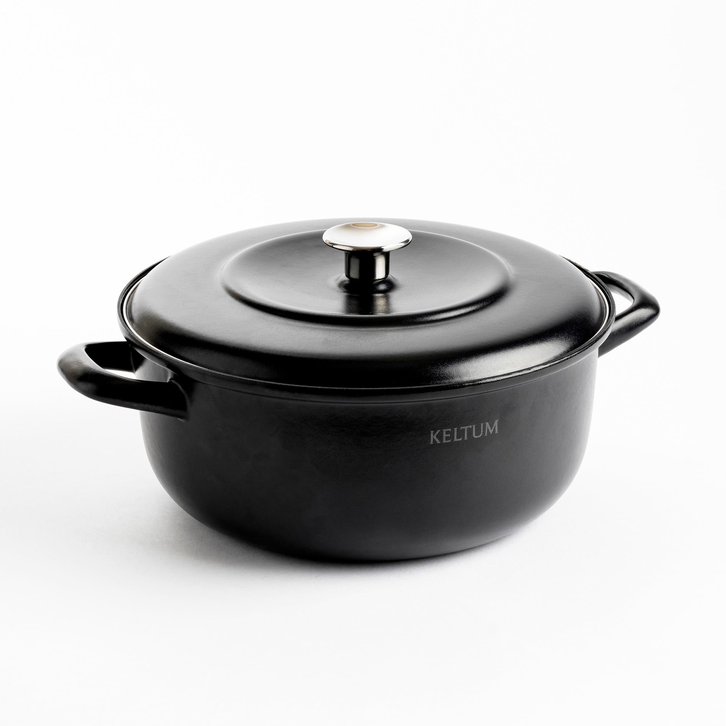 Keltum 3QT Enameled Iron Dutch Oven, Casserole Dish, Fast Heating, Chip-Resistant, Recessed Lid Prevents Boil Over Spills and Mess, Induction, Oven Safe, Hand Wash Only, Black