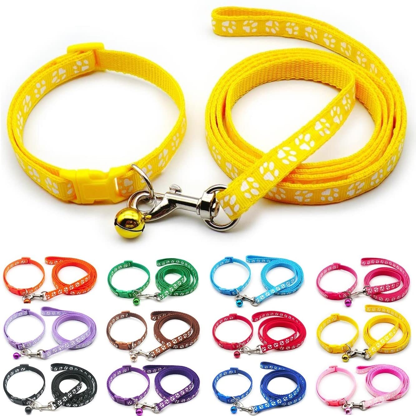 Small Dog Puppy Pet Collar and Lead Set Pawprint Design Nylon Adjustable Size 19-32cm Collar with Bell and 120cm Leash Yellow — image 1