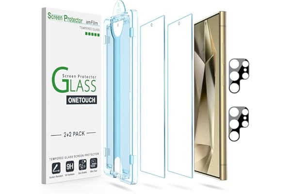 amFilm Auto-Alignment OneTouch for Samsung Galaxy S24 Ultra 6.8'' Screen Protector + Camera Lens Protector, Tempered Glass, 30 seconds Installation, Bubble Free, Case Friendly, Anti-Scratch [2+2 Pack]