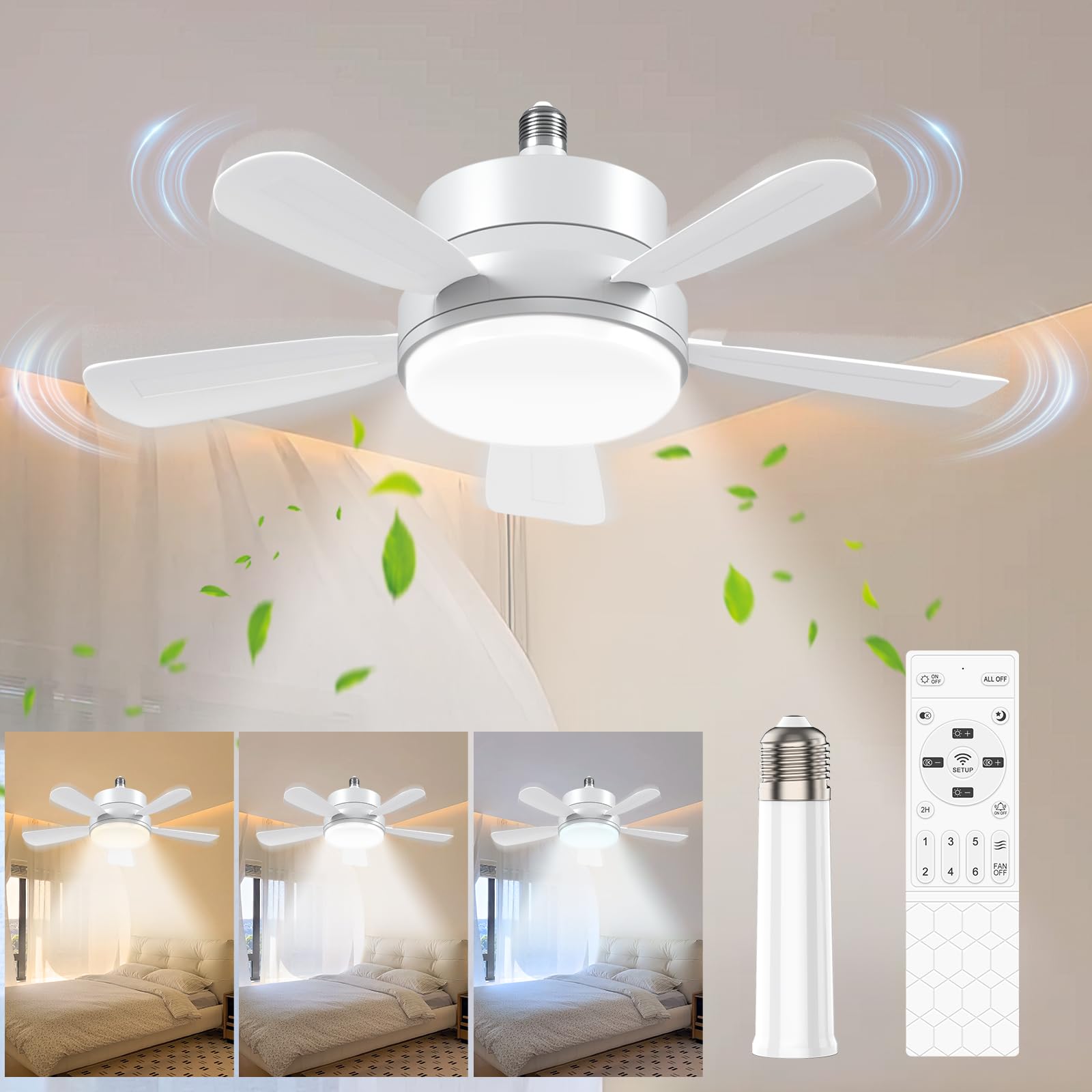 Photo 1 of Hisoo Socket Fan Light with Remote Control, Dimmable LED Ceiling Fan with Lights, 3 Colors 1700 Lumens Light Bulb Screw in Ceiling Fan for Kitchen, Garage etc, Light Bulb Extender Included