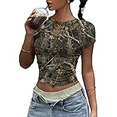 KIGRAG Women Y2k Camo Graphic Fitted Tees Crewneck Crop Tops Leaf Print Short Sleeve Tight T Shirts Grunge Going Out