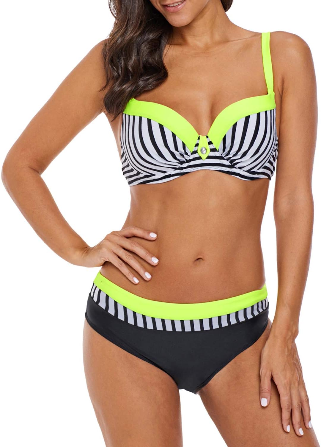 ROSKIKI Womens Push Up Padded Bikini Swimsuit Retro Two Piece Bandeau Bathing Suits Swimwear