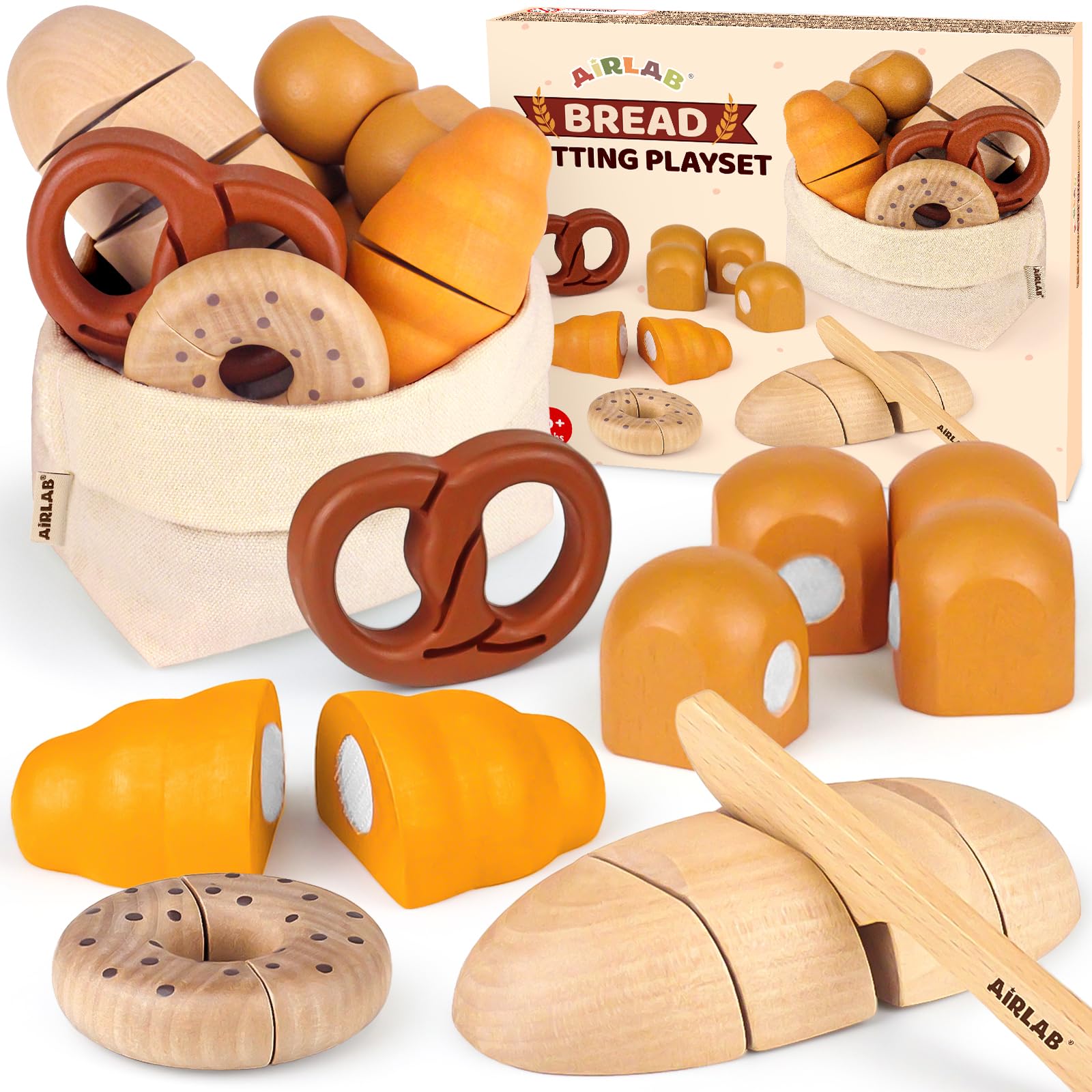 Airlab Wooden Play Food Set for Kids, Breakfast Role Play Toys with Cutting Bread, Toddler Kitchen Accessories for Bakery & Picnic Pretend Play, Educational Learning Gifts for Boys & Girls