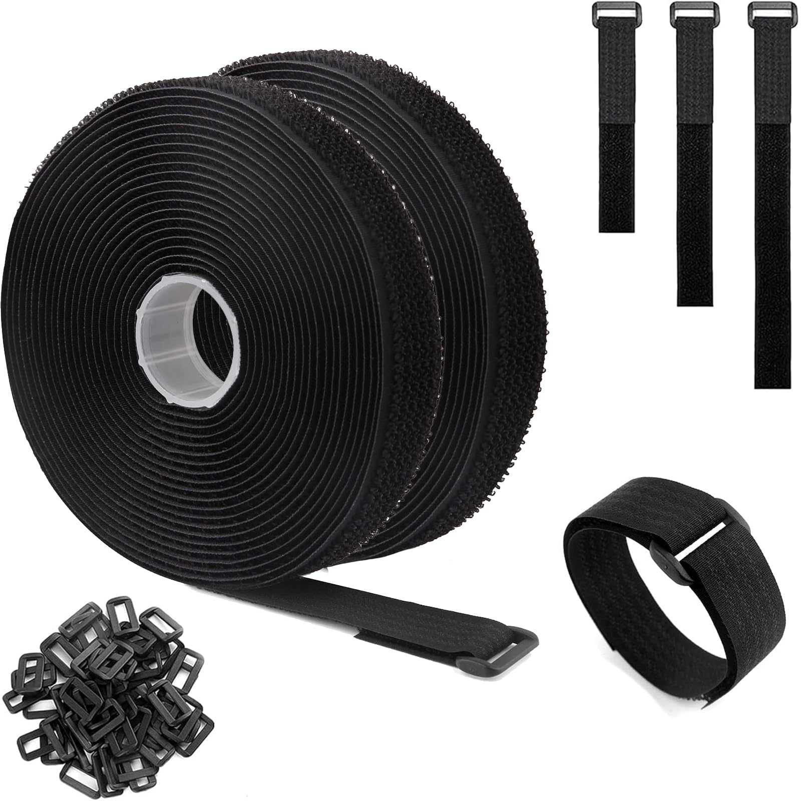 2 Rolls 5m Adjustable Cable Straps with 50 Buckles, Cable Tidy Straps, Cable Straps, Hook and Loop Straps for Cable Management and Organization, Wire Management, Cord Organiser(Black)