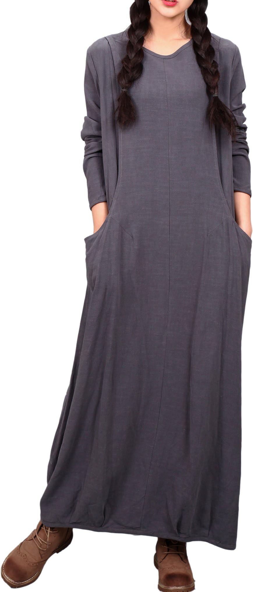 YUHEYUHE Women's Casual Loose Soft Long Sleeves Maxi Linen Cotton Dresses with Pockets