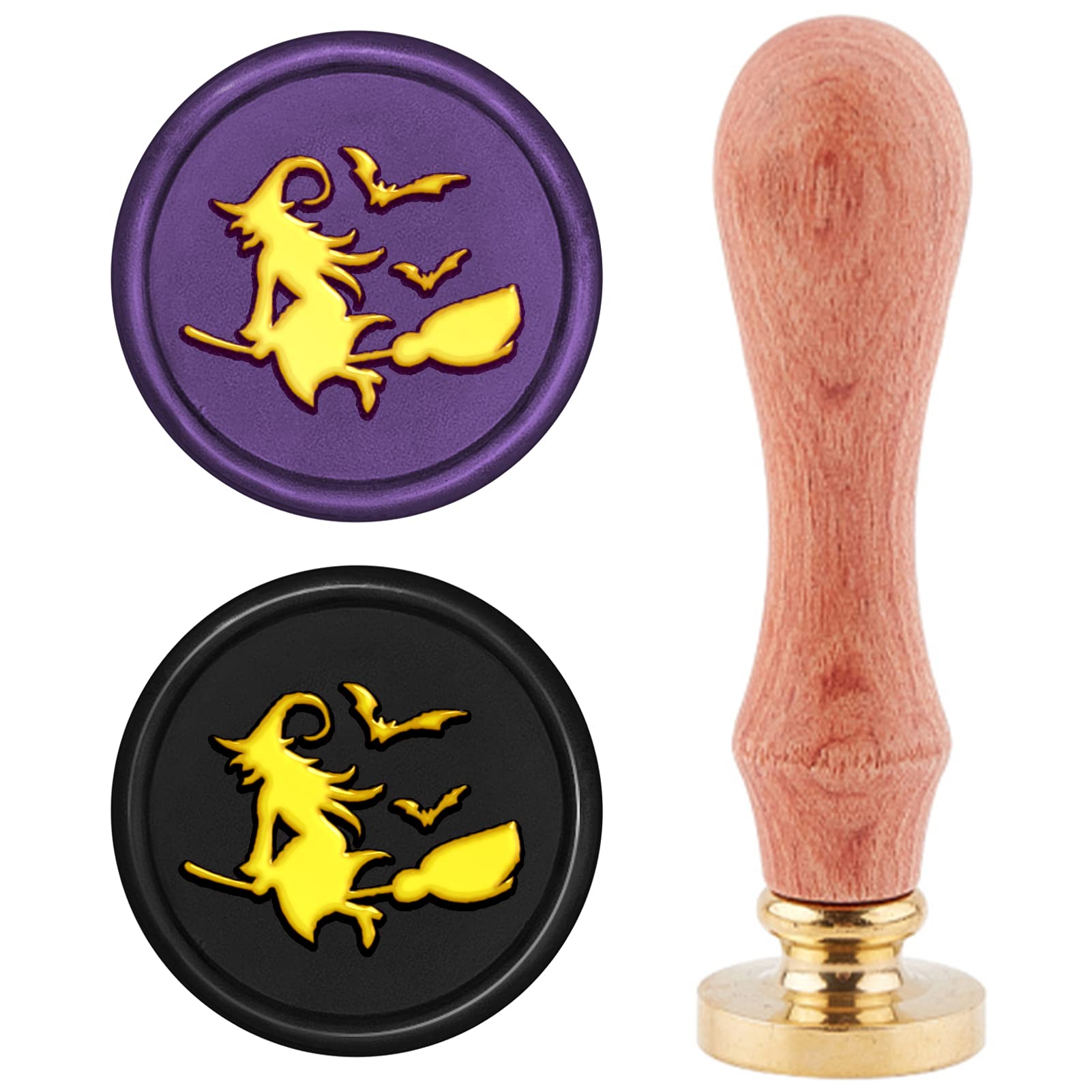 CRASPIRE Wax Seal Stamp Halloween Witch on Broom, Sealing Wax Stamp Bat Retro Wood Stamp 25mm Removable Brass Head Wood Handle for Halloween Party Invitation Envelope Greeting Card