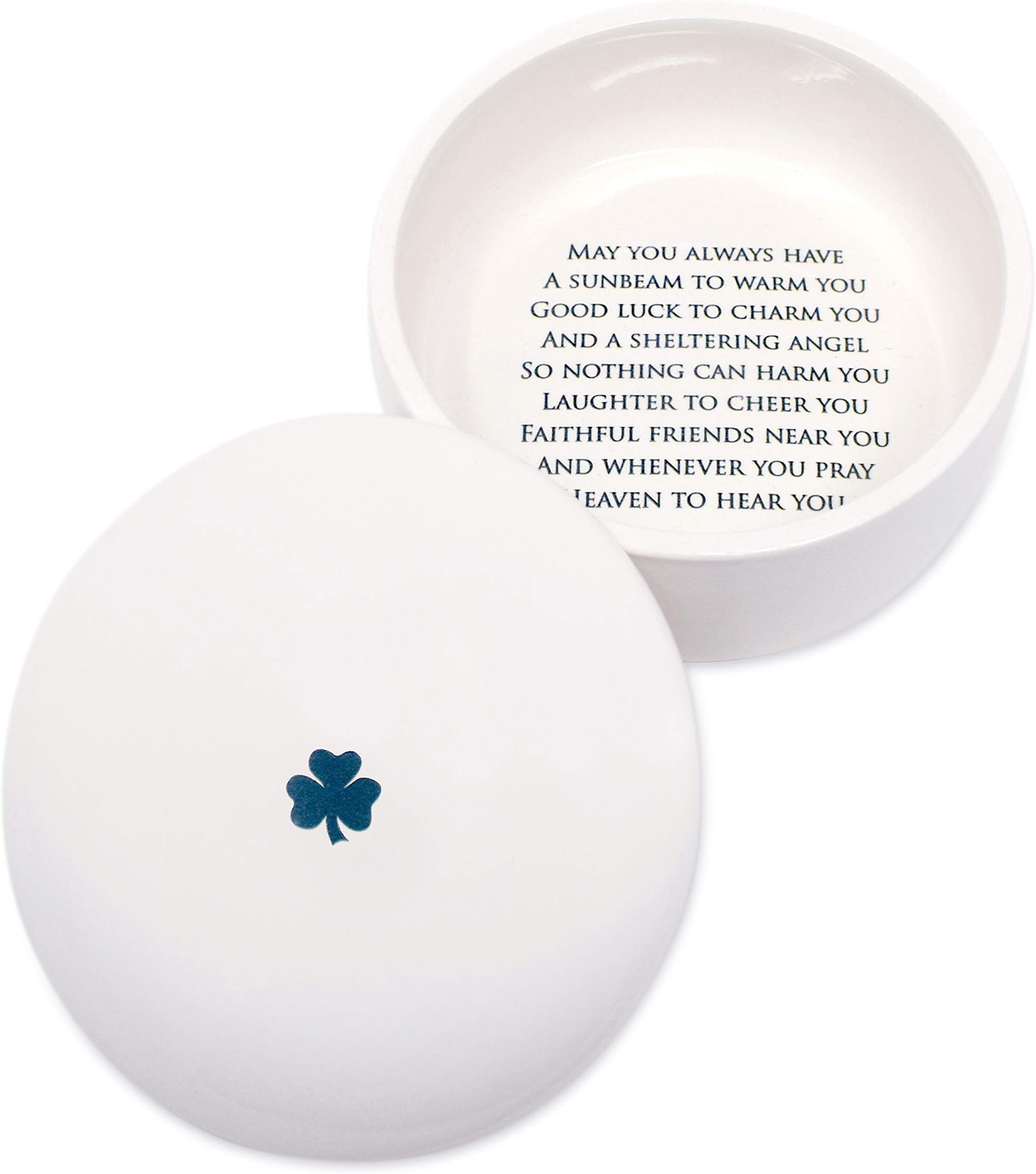 Susabella - Baptism Gift or First Communion Gift, Ceramic Keepsake Box With Irish Blessing - Round Box with Shamrock in Green for Godchild