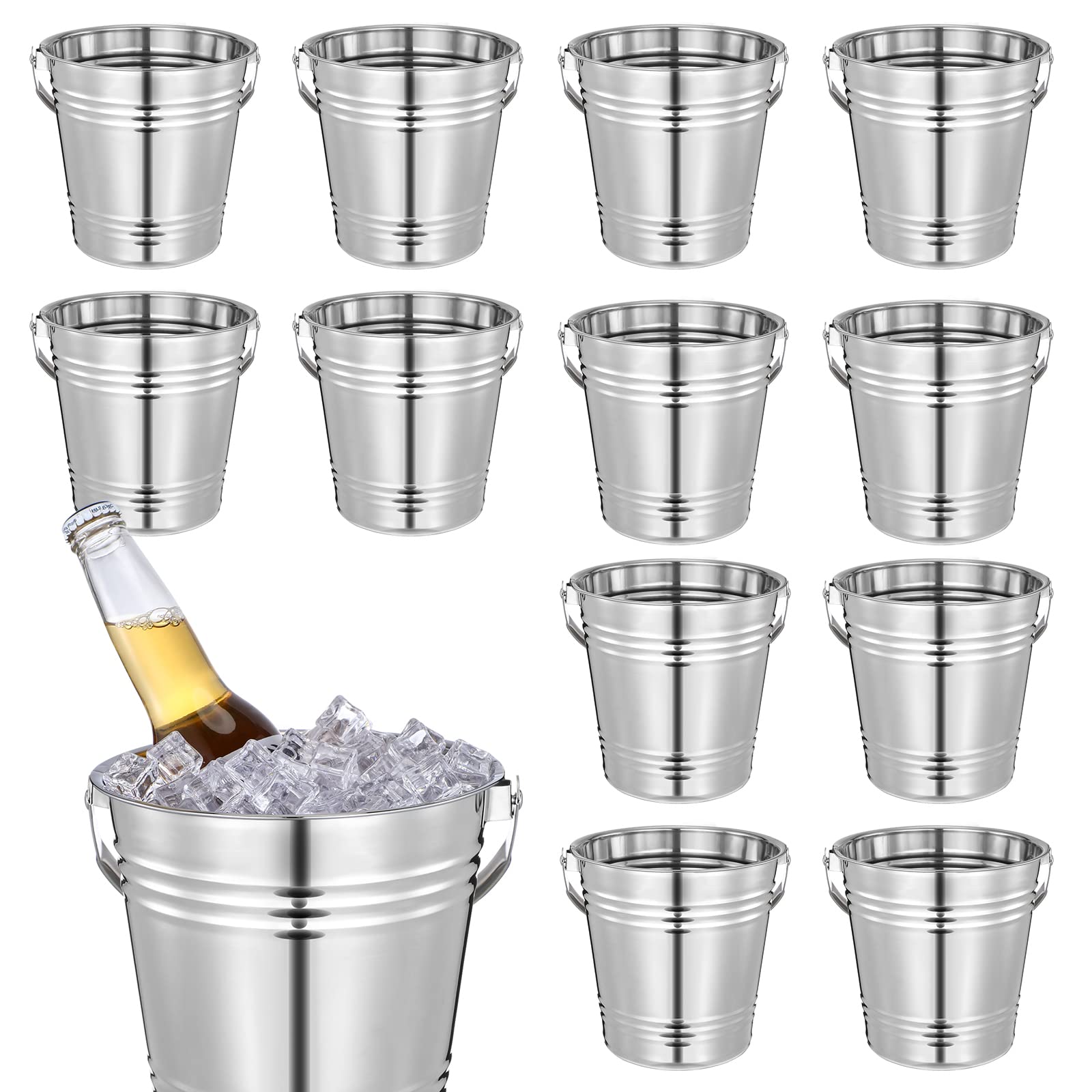 Photo 1 of Mumufy 10 Pack Champagne Ice Buckets Stainless Steel Ice Bucket with Handles Party Wine Bucket Beverage Chiller Beer Cooler Bucket for Home Bar Club Party Supplies, 3 L/ 3.3 Qt(Silver)