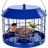 Gbekery Bluebird Feeder for Mealworms with Glass Bowl for Outdoors, Blue | Metal Cage Bird Feeder Squirrel Proof, Weatherproof Mealworm Feeder for Small Birds for Outside Hanging, Easy to Refill Clean