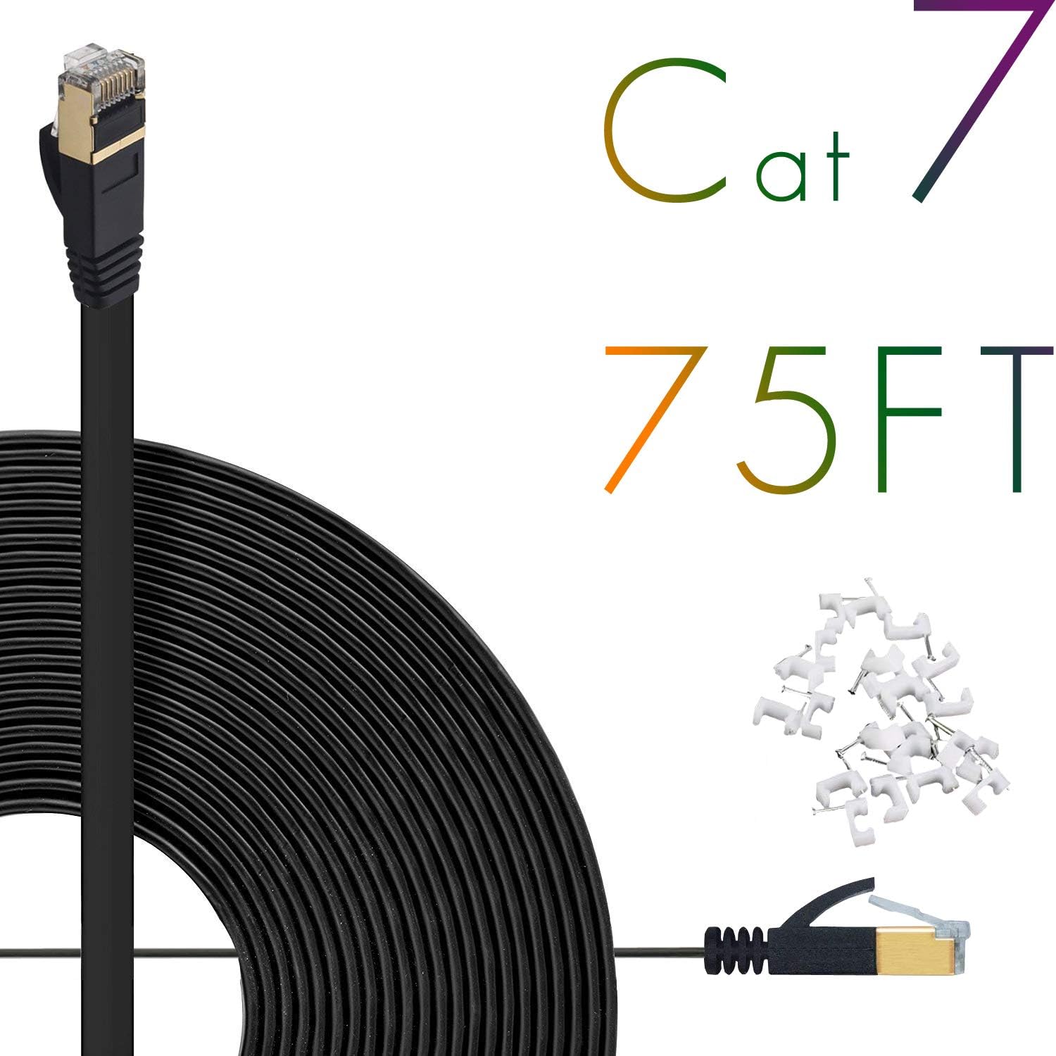 Cat7 Ethernet Cable 75ft Flat High Speed Shielded (STP) Solid Computer Network Cord with Snagless Rj45 Connectors Slim Durable Internet LAN Wire for Modem,Router.Faster Than Cat5e/Cat5/cat6 (Black) …