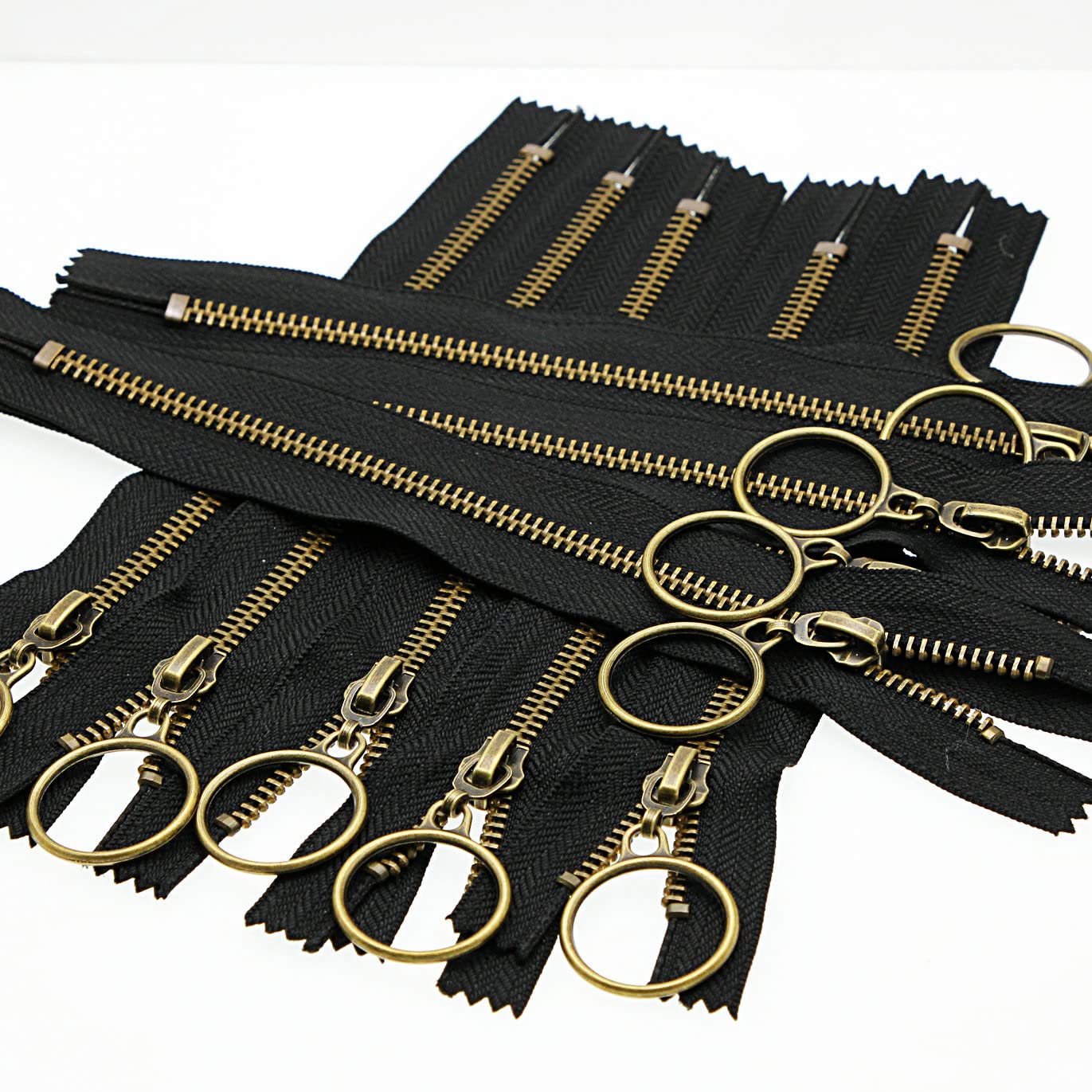 Leekayer 10 PCS 12 Inch #5 Metal Zippers for Sewing Bags Crafts Antique Brass Plated Brass Ring Pull Bronze Zipper Bulk