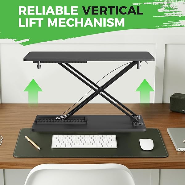 PBUGAC STANDING DESK CONVERTER ADJUSTABLE HEIGHT, 25.16″ × 15.75″ HEIGHT ADJUSTABLE DESKTOP RISER, NO ASSEMBLY REQUIRED, DESKTOP WORKSTATION FOR LAPTOP, MONITOR AND OFFICE USE (BLACK)