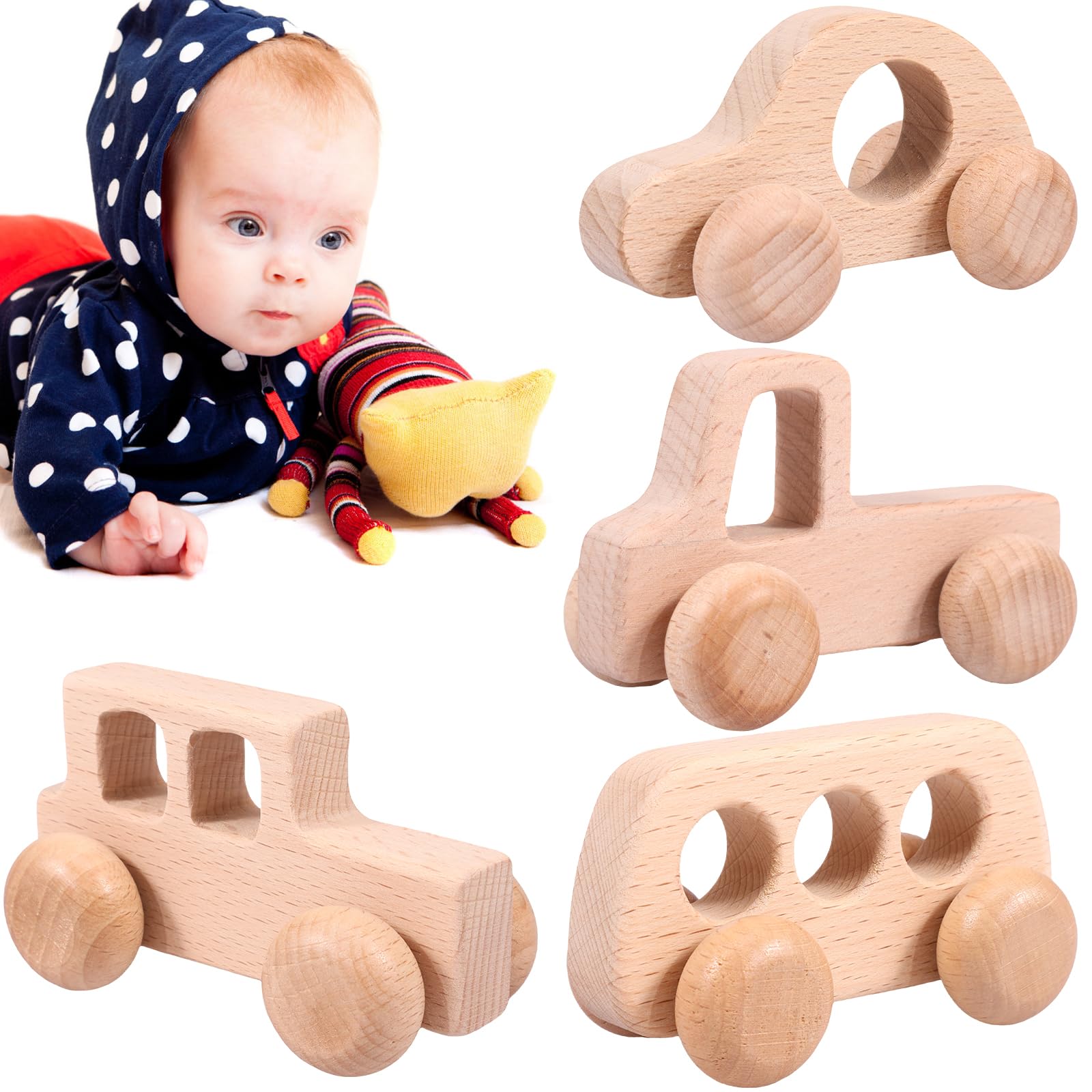 Wooden Cars Push & Pull Along Toys for Toddlers 6-18 Months, Montessori Toys Natural Beech Wood Baby Push Cars (4pcs)