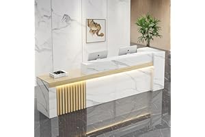 Nuipesn Reception Desk with Shelf & Lockable Drawers - Maple + White Marble (Left, 59" L x 24" W x 39" H)