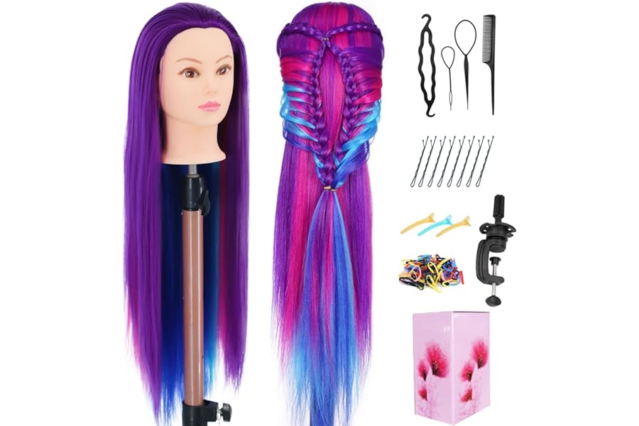 Mannequin Head with Hair, 29″ Cosmetology Training Doll Head for Hair Styling Practice with Clamp Holder (Purple Four Colors)