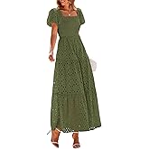 PRETTYGARDEN Summer Dresses for Women 2026 Eyelet Square Neck Puff Sleeve Smocked Wedding Guest Maxi Dress with Pockets