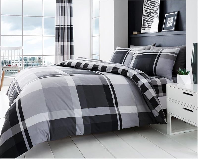 GC GAVENO CAVAILIA Checkered Duvet Cover Set 3pcs Grey Polycotton