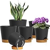 WSMKSZ 7/6.5/6/5.5/5/4 inch Self Watering Pots for Indoor Outdoor Plants, 6 Pack Plastic Flower Planters with Drainage Holes and Removable Saucers, Plant Pots with Wicking Rope, Black Brown