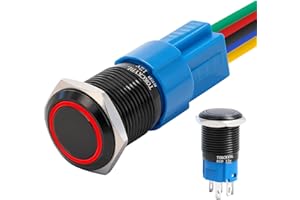 TOKCKYBL 16mm Latching Push Button Switch 12V DC, IP65 Waterproof ON/Off Black Shell with LED Angel Eye Head, 0.63" Mounting Hole, Self-Locking with Wire Socket Plug for Car, Marine, Industrial