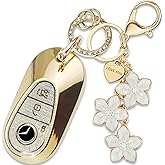 Yekoubo White TPU Key Fob Cover with Sakura Flower Keychain Compatible with Mercedes Benz S G C E EQE EQS GLC CLE SL 3-Button Smart Key for Women