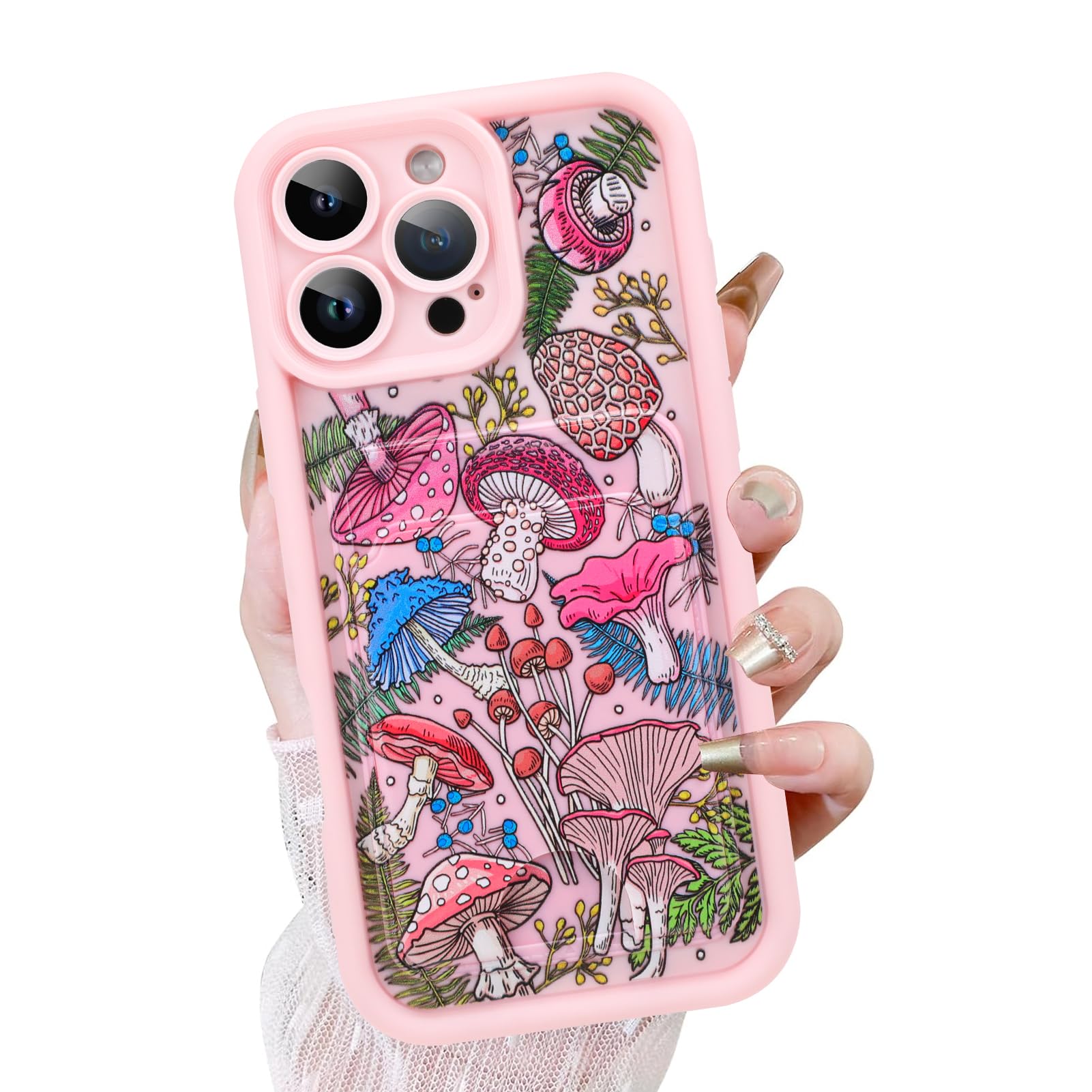 KANGHAR Case for iPhone 16 Pro Max Card Slot Phone Case, Cute Mushroom Design with Card Holder for Women Girls Slim Shockproof Wallet Cover-Pink