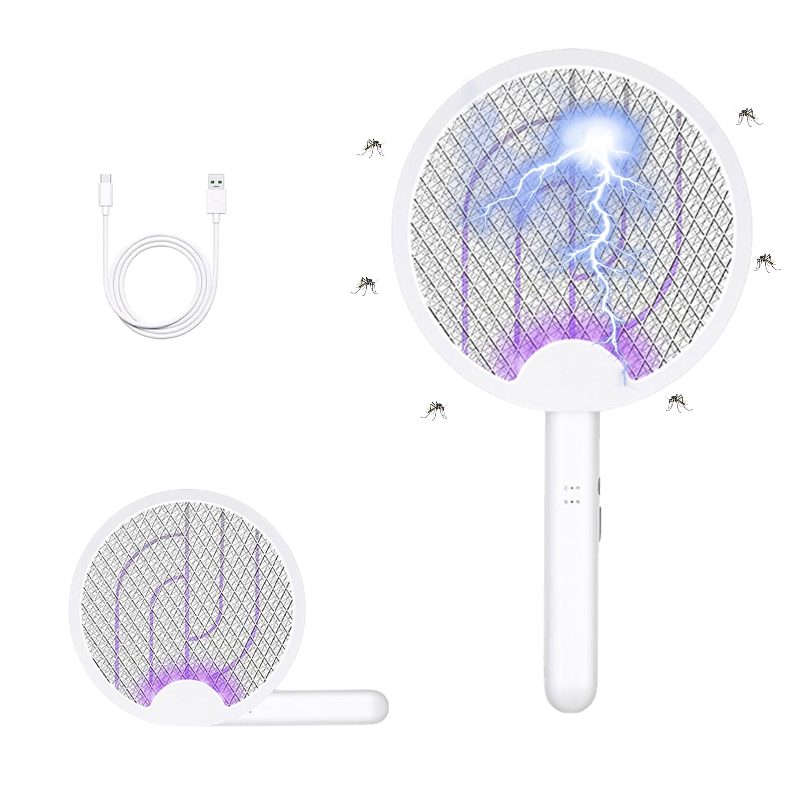 Folding Electric Fly Swatter Racket,2-in-1 USB Rechargeable Fly Zapper,Dual Modes FlyKiller with Mosquito Trap Lamp,Outdoor Indoor FlySwatter Electric Zapper for Mosquitoes, Flies, Bees, Moths
