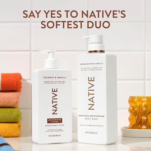 NATIVE BODY LOTION, COCONUT & VANILLA, 48-HOUR HYDRATION FOR DRY & SENSITIVE SKIN, MADE WITH PLANT-BASED MOISTURIZERS LIKE SHEA BUTTER, SILICONE & PARABEN FREE, 16.5 FL OZ