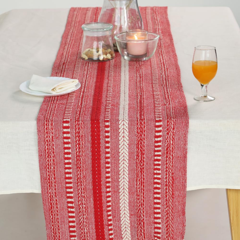 The Art Box Boho Cotton Fabric Table Runner Red - 14x108 inch Morden Farmhouse Braided Stripe Kitchen Dining Table Runner Tassel for Wedding Home Decor