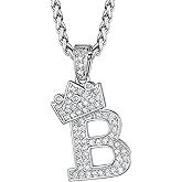 Richsteel Silver Crown Initial A-Z Necklace, Cubic Zirconia Letter Pendant with 22"+2'' Adjustable Chain, Men Women Bling Hip Hop Jewelry for Father's Day/Anniversaries/Birthdays