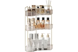 YCIA&DONE Corner Counter Bathroom Organizer Countertop, 3 Tiers Cosmetic Perfume Tray, Vanity Organizers for Makeup, Skincare, Clear Corner Rack for Bedroom, Bathroom, Kitchen(Clear White)