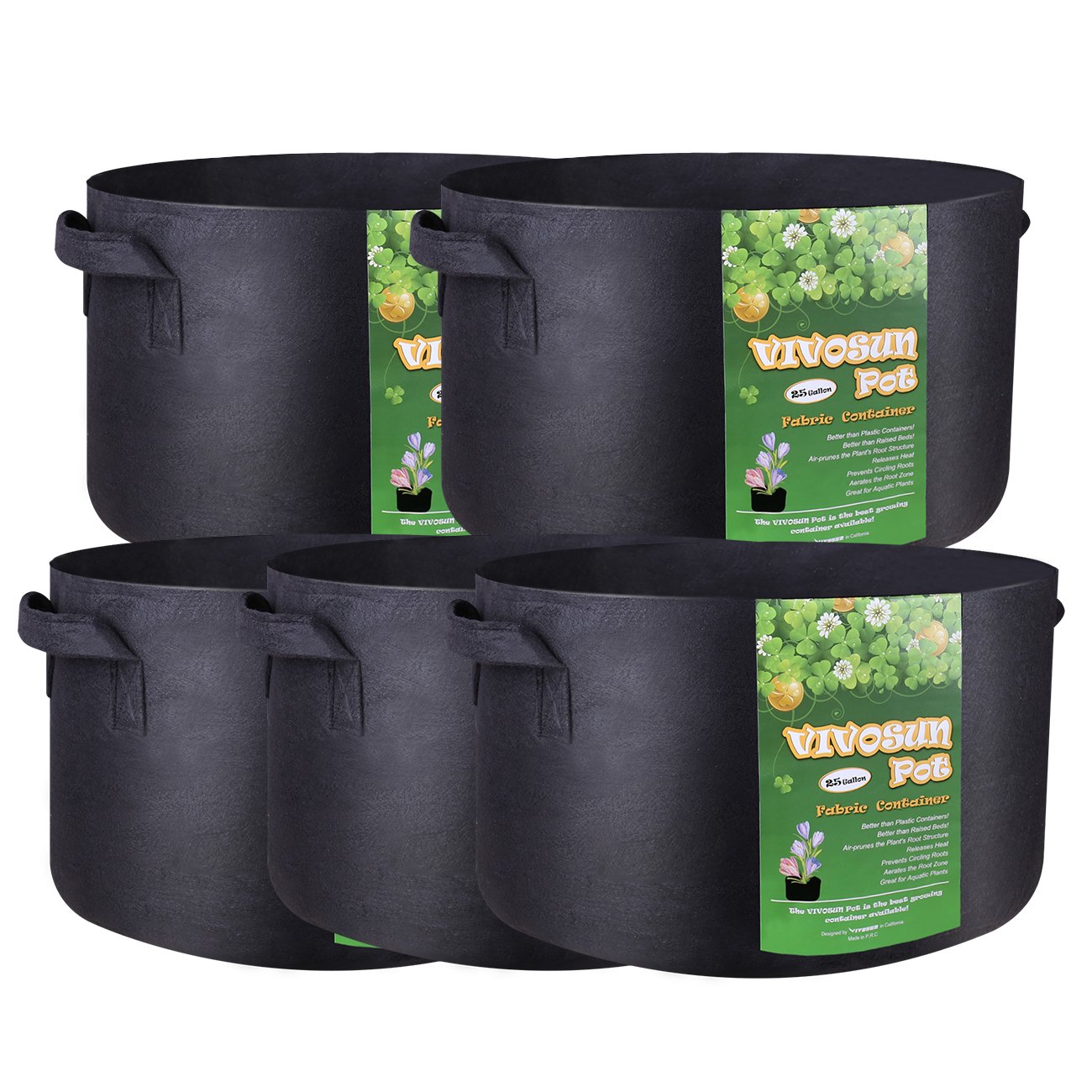 VIVOSUN 5Pack 25 Gallons Heavy Duty Thickened Nonwoven Fabric Pots